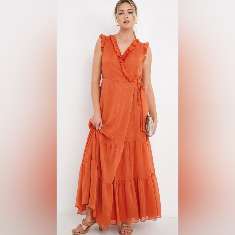Little Mistress Orange Frill Wrap Maxi Boho Dress